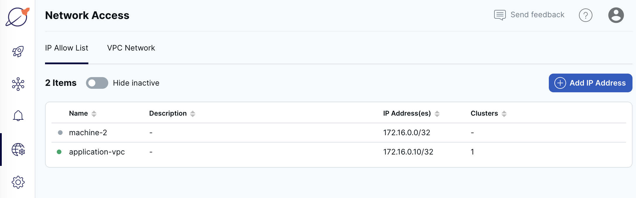 Cloud Network IP Allow List page